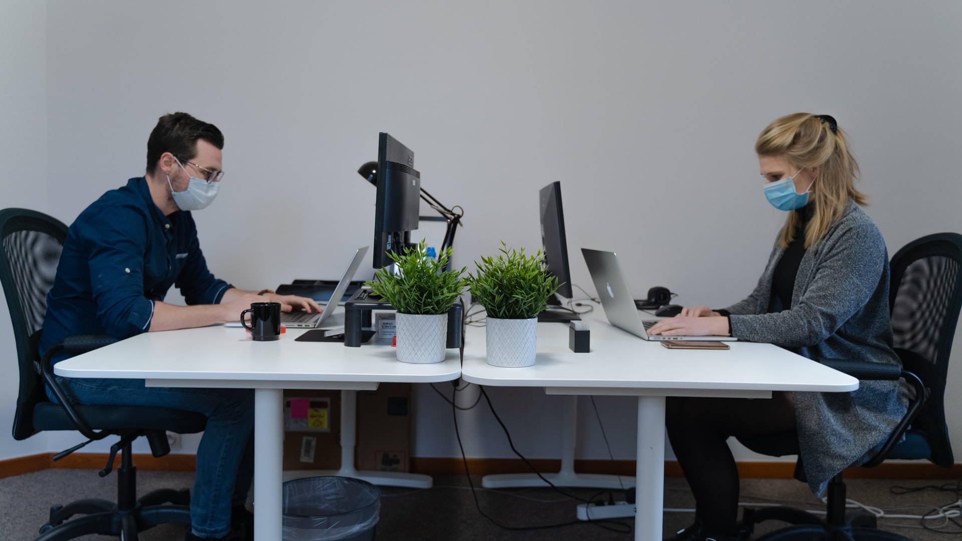 Zwei Kollegen mit FFP-Masken sitzen an einem weißen Schreibtisch mit geöffneten Laptops, Pflanzen und zwei Monitoren zwischen ihnen.