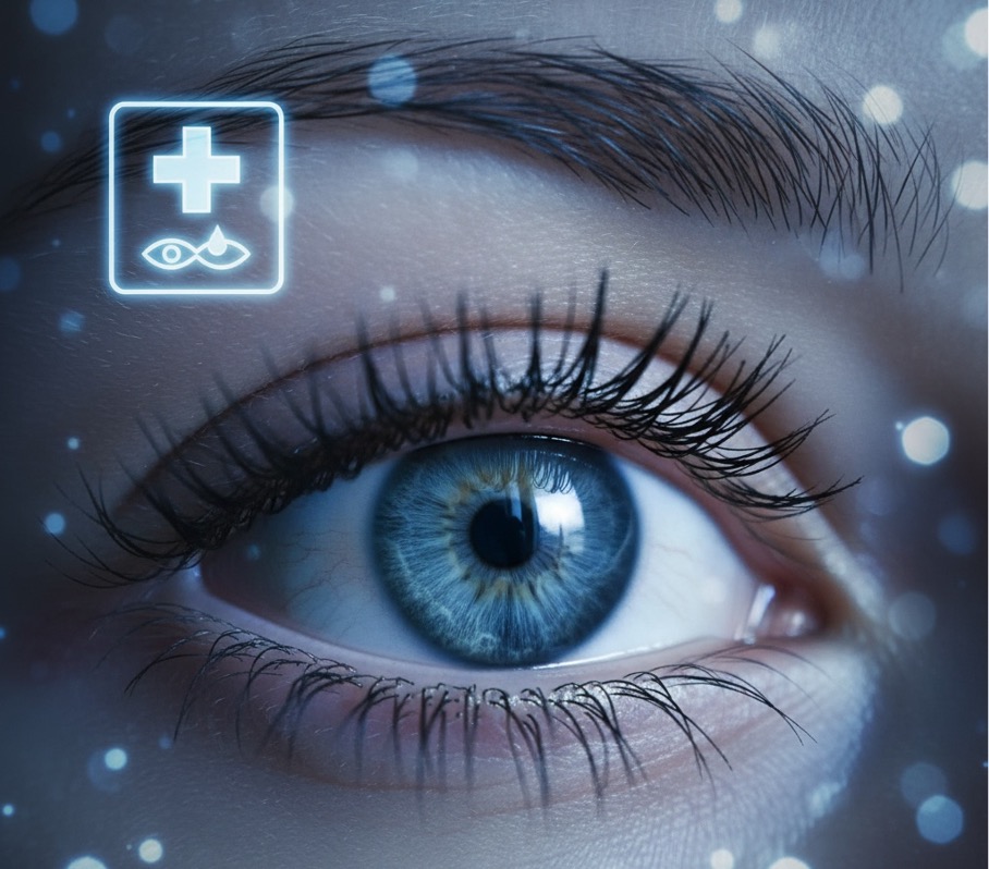 Nahaufnahme eines blauen Auges mit langen Wimpern, leuchtendes blaues Bokeh; neonfarbiges medizinisches Symbol mit einem Kreuz und einem Auge oben links.