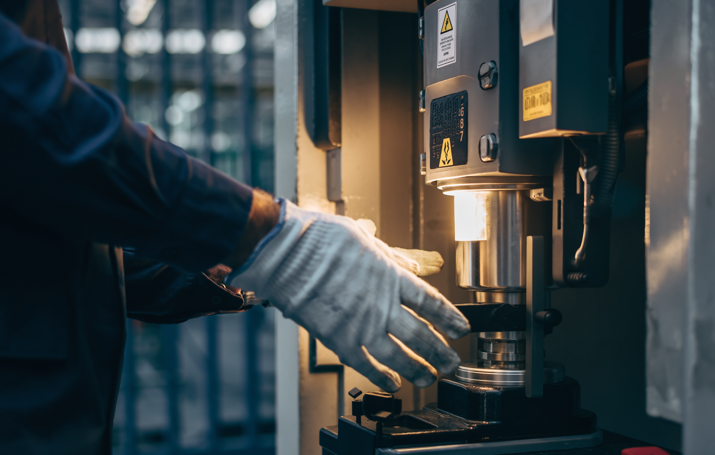 Ein behandschuhter Arbeiter positioniert ein Metallstück unter einer Spindel auf einer Industriemaschine, warmes Licht erleuchtet metallische Komponenten.