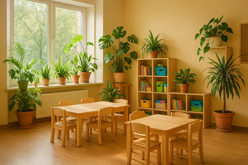 Heller Klassenraum mit kleinen Holztischen und -stühlen, einer sonnenbeschienenen Fensterbank voller Topfpflanzen und bunten Regalen.