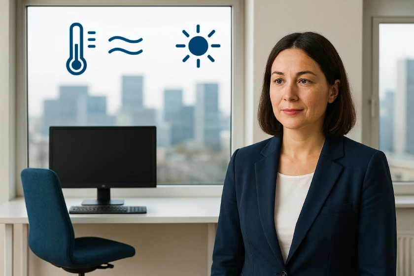 Berufstätige Frau in einem marineblauen Blazer steht an einem Fenster in einem Büro; Schreibtisch, blauer Stuhl, Blick nach draußen, Wetter-Icons auf dem Glas.
