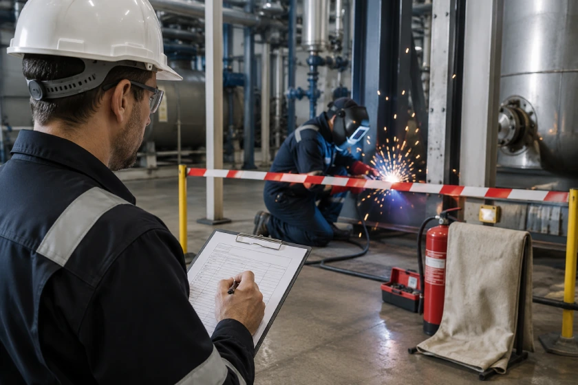 Industrielle Werkstatt mit einem Arbeiter, der einen weißen Schutzhelm trägt und ein Klemmbrett hält, und Schweißarbeiten hinter Absperrband beobachtet.
