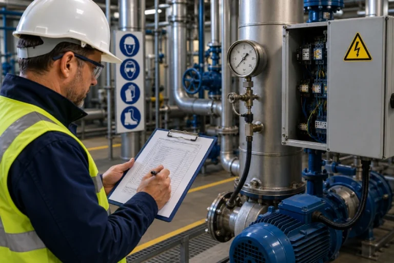 Industriearbeiter mit Schutzhelm und Warnweste macht Notizen auf einem Klemmbrett neben einem blauen Motor und Edelstahlrohren in einer Anlage.