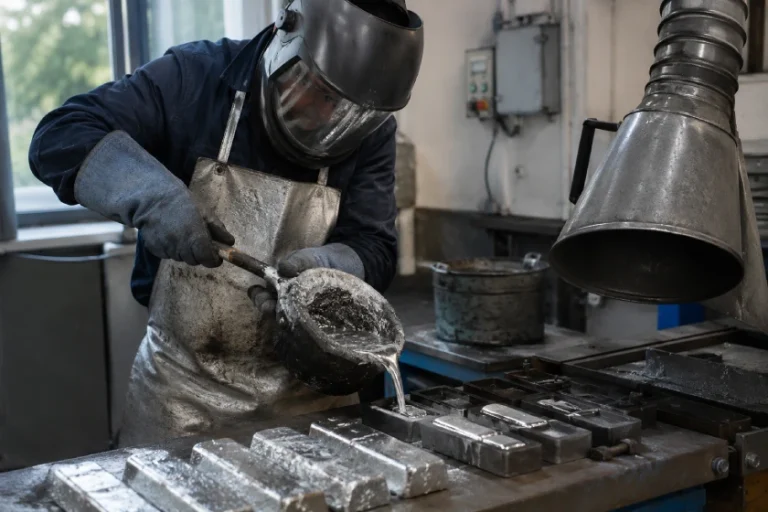Metallarbeiter mit Schutzhelm und Schürze gießt geschmolzenes Blei aus einer Pfanne in eine Form auf einer überfüllten Werkbank, mit Barren in der Nähe.