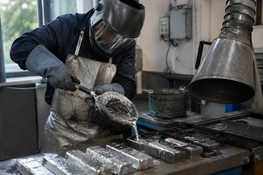 Metallarbeiter mit Schutzhelm und Schürze gießt geschmolzenes Blei aus einer Pfanne in eine Form auf einer überfüllten Werkbank, mit Barren in der Nähe.