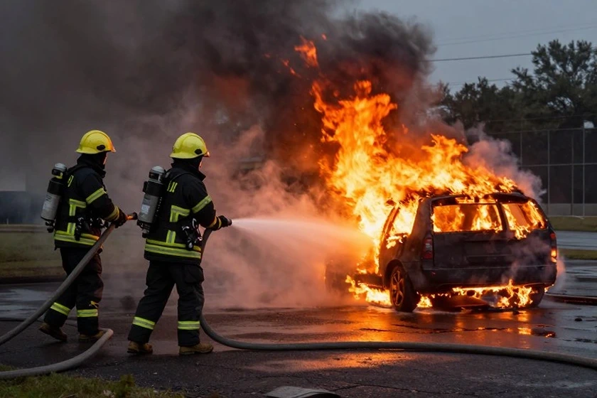 Zwei Feuerwehrleute mit gelben Helmen spritzen Wasser auf ein brennendes SUV, dichter schwarzer Rauch und helle orangefarbene Flammen.