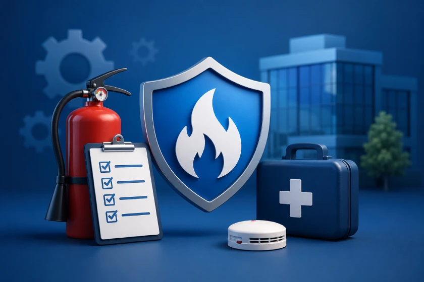 blog-prüffristen-brandschutz Roter Feuerlöscher, Checklisten-Clipboard, blauer Schild mit weißer Flamme, Erste-Hilfe-Kasten und Rauchmelder.