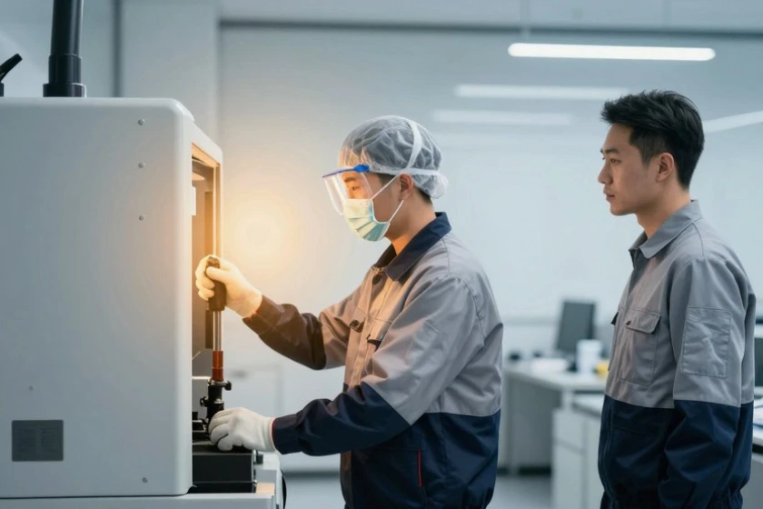 Zwei Techniker in grau-blauen Overalls arbeiten an einer leuchtenden Maschine, einer am Bedienfeld mit Schutzausrüstung, während der andere zuschaut.