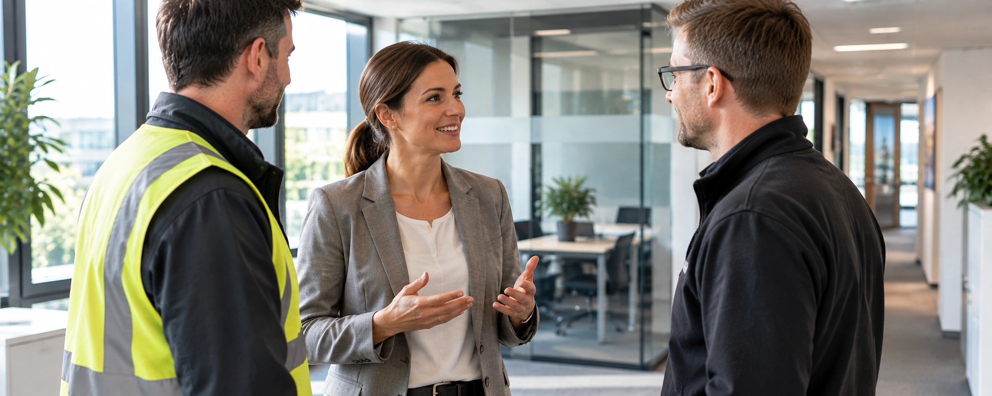 Sicherheitstechnische Betreuung: Beratung im Büro zwischen Frau in Blazer und zwei Kollegen, einer in Warnweste.