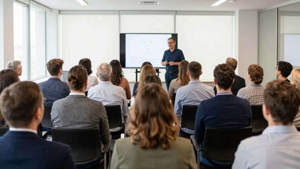 lp-sicherheitstechn-betreuung-seminar Seminar zur sicherheitstechnischen Betreuung: Referent präsentiert Diagramme vor Teilnehmern in einem Konferenzraum.