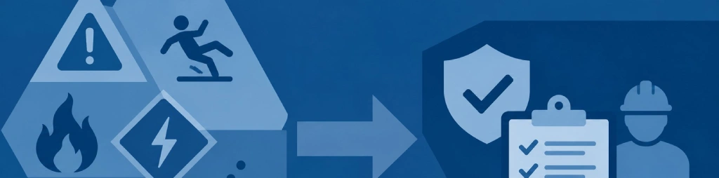 Sicherheitszeichen für Warnung, Rutschgefahr, Feuer und Strom führen zu Schutzschild und Checkliste für Arbeitssicherheit