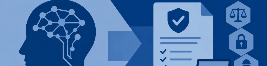 Symbolgrafik zu KI und Datenschutz: vernetztes Gehirn, geprüftes Dokument sowie Symbole für Recht und Sicherheit