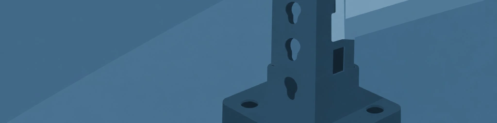 Blau getönte Nahaufnahme eines technischen Metallbauteils mit Schraublöchern und vertikalen Aussparungen