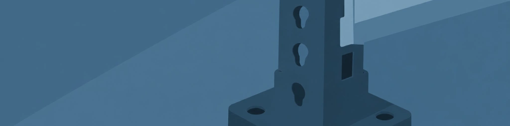 Blau getönte Nahaufnahme einer Metallhalterung mit Schraubenlöchern und Aussparungen