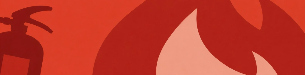 Abstrakte rote Illustration mit stilisiertem Feuerlöscher links und Flammen rechts