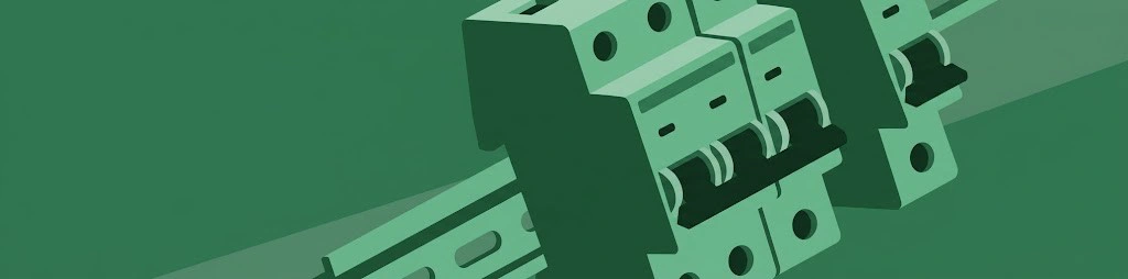 Grüne Illustration mehrerer elektrischer Leitungsschutzschalter vor abstraktem Hintergrund