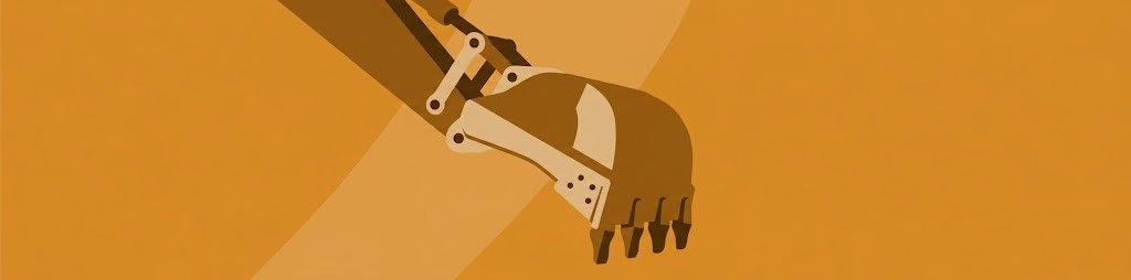Illustration eines Baggerarms mit Schaufel vor orangefarbenem Hintergrund