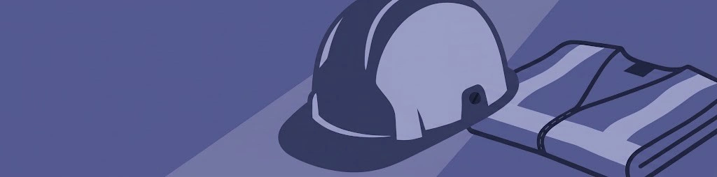 Stilisierte Grafik in Violetttönen: Bauhelm und aufgeschlagener Bauplan