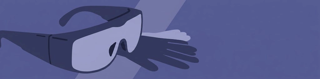 Stilisierte Grafik in Violetttönen: Illustration einer Schutzbrille und eines Handschuhs als Schutzausrüstung